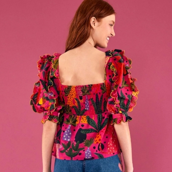 Farm Rio Pop Leopards Blouse Size Small NWT Valentine's Spring Beach Vacay - Picture 5 of 16